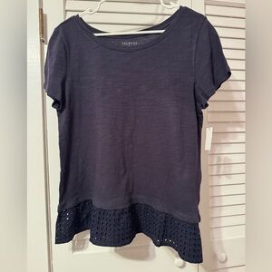 Talbots Dark Blue Eyelet Hem Short Sleeve Top